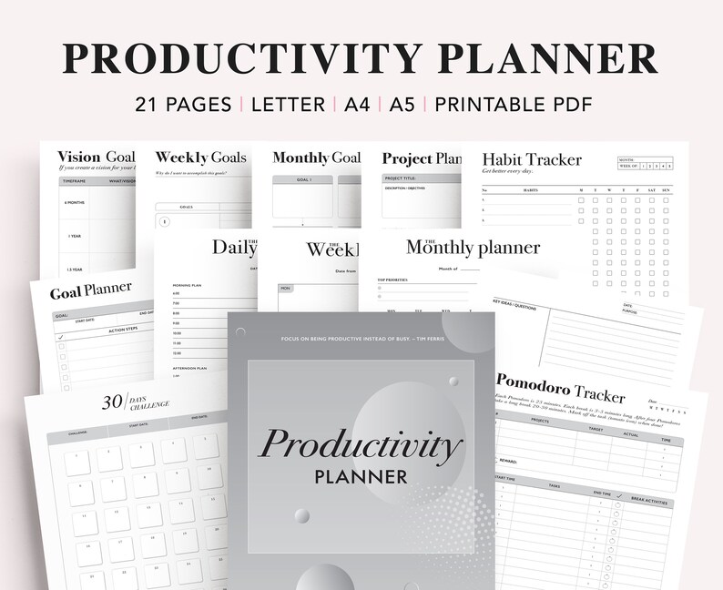 Productivity Planner Bundle Printable, Work Planner, Project Tracker, Life Organizer Template, To Do List, US Letter, A4, A5 planner inserts image 1