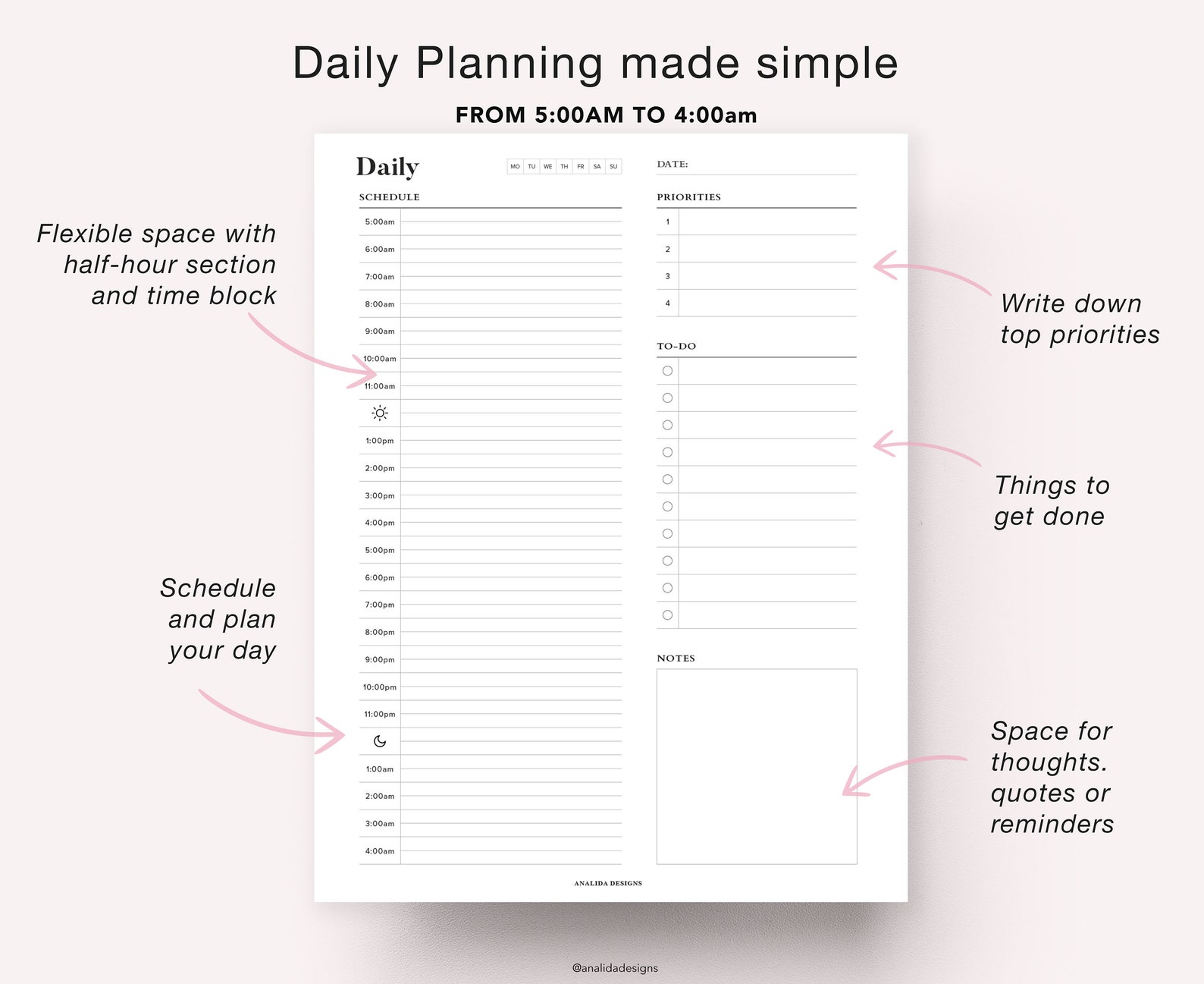24 Hour Daily Planner Printable: Hourly Schedule, A5 Inserts (PDF) - Etsy