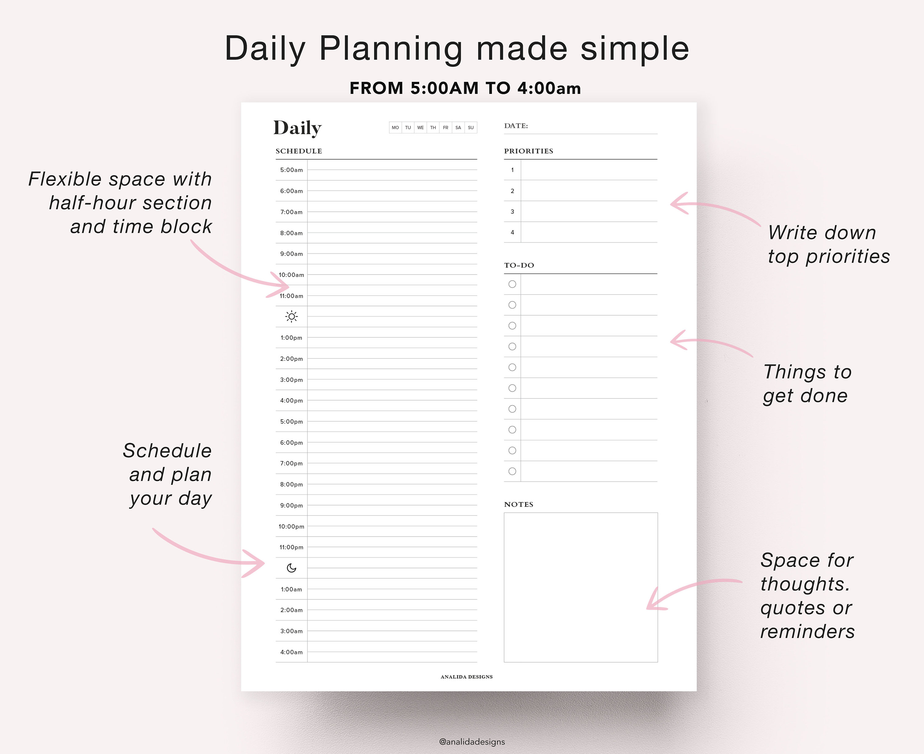 24 Hour Daily Planner Printable: Hourly Schedule, A5 Inserts (PDF) - Etsy