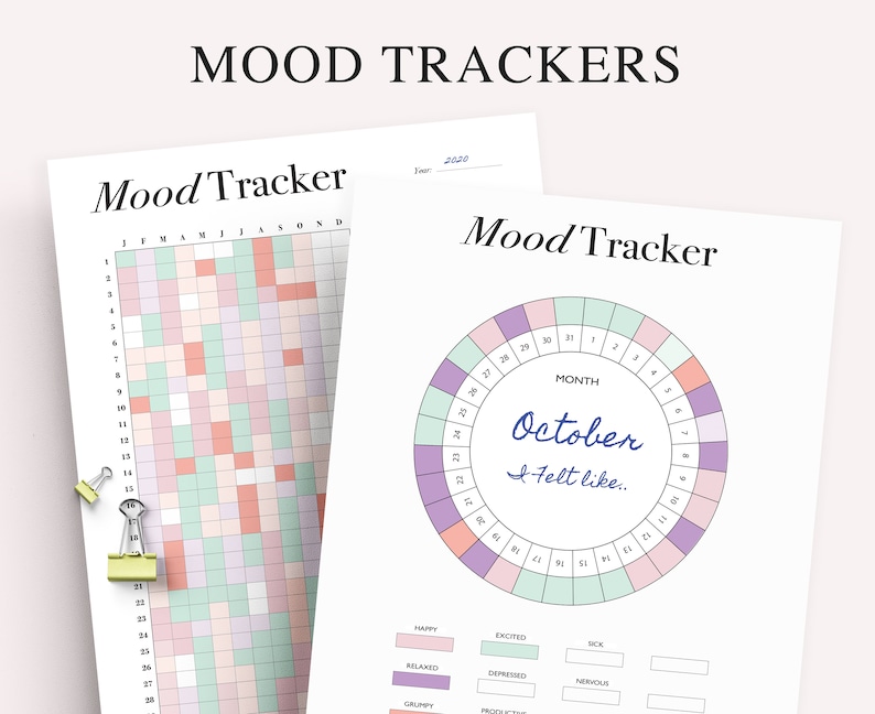 Mood Tracker Printable, Yearly Monthly Mood Planner, Circular Mood Chart, Bullet Journal, A5 Planner Inserts, Digital Instant Download image 1