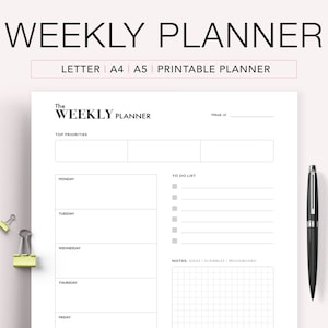 Minimal Weekly Planner Printable, Weekly To Do List, Undated Planner Pages, Week at a Glance, A4, A5 Planner Inserts, PDF Instant Download