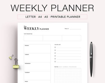 Minimal Weekly Planner Printable, Weekly To Do List, Undated Planner Pages, Week at a Glance, A4, A5 Planner Inserts, PDF Instant Download