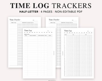 May include: Four printable pages of time log trackers in black and white. The pages are designed for half-letter size paper and include a time tracker with 15-minute intervals, a time tracker with 30-minute intervals, and two time log pages with hourly grids.