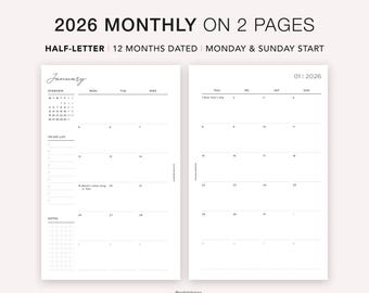 2026 Halbbuchstabe Monatsplaner Printable: Minimalistisches Design (PDF Download)