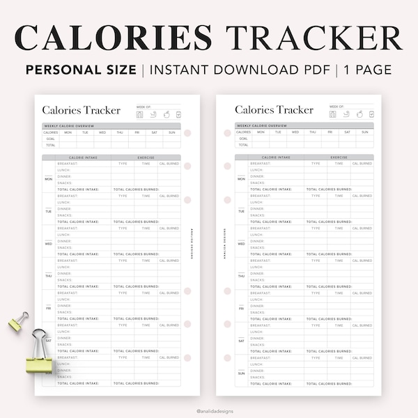 PERSONAL Calorie Tracker Planner Insert, Printable Calorie Journal, Daily Weekly Calorie Counter, Diet Planner, Diet Plan, Filofax Personal