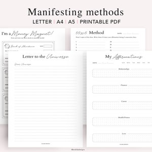 May include: Printable PDF worksheets for manifesting methods, including "I'm a Money Magnet!" with a checkbook, "Letter to the Universe", "55x5 Method" with a grid for daily affirmations, and "My Affirmations" with sections for relationships, finance, career, health/fitness, and love.