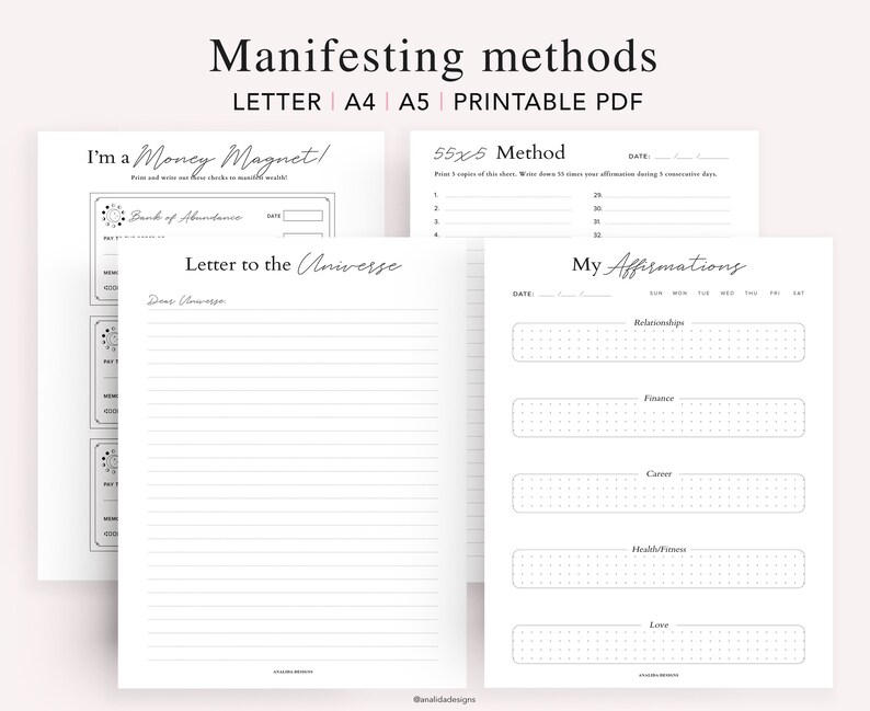 May include: Printable PDF worksheets for manifesting methods, including "I'm a Money Magnet!" with a checkbook, "Letter to the Universe", "55x5 Method" with a grid for daily affirmations, and "My Affirmations" with sections for relationships, finance, career, health/fitness, and love.