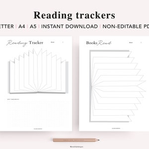 May include: Two printable reading tracker pages in black and white. The first page has the text "Reading Tracker" and the second page has the text "Books Read". Both pages feature a stylized open book design.
