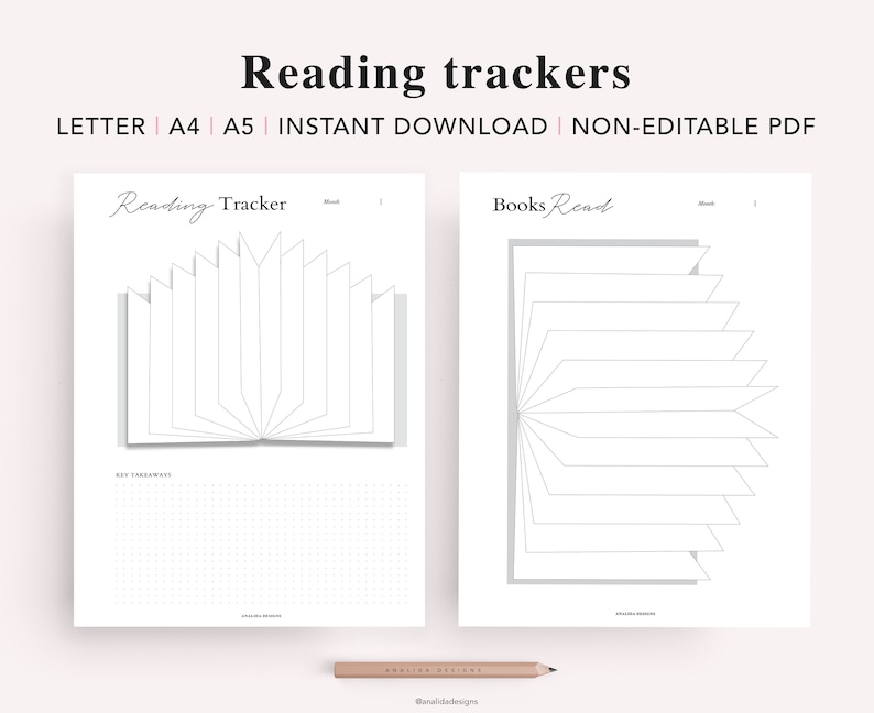 May include: Two printable reading tracker pages in black and white. The first page has the text "Reading Tracker" and the second page has the text "Books Read". Both pages feature a stylized open book design.