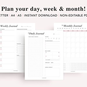 May include: Three printable planner pages for daily, weekly, and monthly planning. The pages are designed in a minimalist style with black text on a white background.