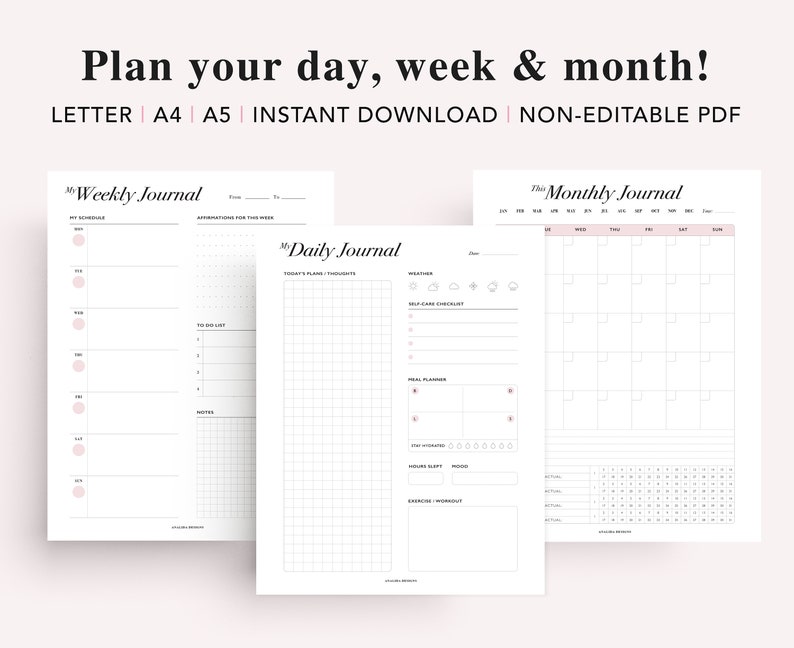 May include: Three printable planner pages for daily, weekly, and monthly planning. The pages are designed in a minimalist style with black text on a white background.