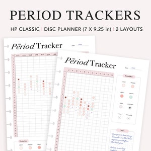May include: Two printable period tracker pages for a disc planner. The pages are designed for a 7 by 9.25 inch planner and feature a grid layout with a key for tracking different types of flow, spotting, and other symptoms. The pages are titled "My Period Tracker" and include the year 2023.