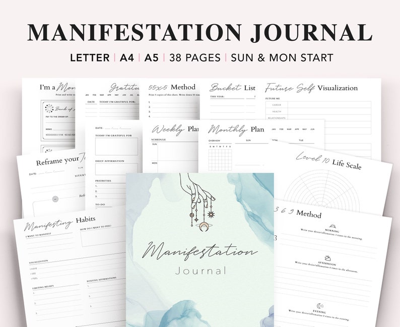 May include: A blue and white watercolor background with a hand holding a string of celestial charms. The text "Manifestation Journal" is written in black script. The journal is designed for letter size paper and has 38 pages.