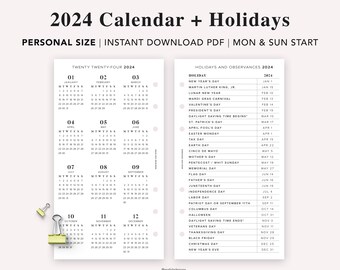 PERSONAL 2024 Year Calendar with Holidays on 2 Pages, Printable, Year At A Glance, Desk Calendar, Sunday & Monday Start, Filofax Personal