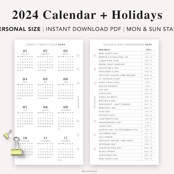 PERSONAL 2024 Year Calendar with Holidays on 2 Pages, Printable, Year At A Glance, Desk Calendar, Sunday & Monday Start, Filofax Personal