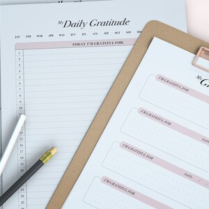 Pode incluir: Um di&aacute;rio de gratid&atilde;o imprim&iacute;vel com um esquema de cores rosa e branco. O di&aacute;rio tem uma se&ccedil;&atilde;o de calend&aacute;rio e uma se&ccedil;&atilde;o para escrever coisas pelas quais voc&ecirc; &eacute; grato a cada dia. O texto na p&aacute;gina diz "Minha gratid&atilde;o di&aacute;ria" e "Hoje estou grato por".