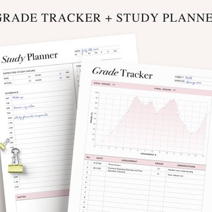 May include: A printable grade tracker and study planner with a pink and white color scheme. The grade tracker has a graph to track grades over time and a table to record assignments, grades, and observations. The study planner has a schedule and notes section.