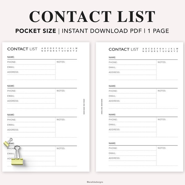 POCKET Printable Contact List, Print at home planner pages, Address Log, Address Book Page, Emergency contact, Pocket size insert, PDF