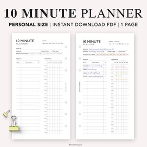 Puede incluir: Un planificador imprimible de 10 minutos con un diseño en blanco y negro. El planificador incluye secciones para objetivos, recompensas, tasa de productividad, tiempo objetivo, tiempo total, detalles y horario. El horario está dividido en incrementos de 10 minutos.