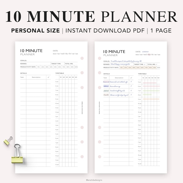 PERSONAL 10 Minute Planner Printable, Time Management Insert, Pomodoro Time Tracker, Work Planner,  Personal size insert,  Filofax Personal