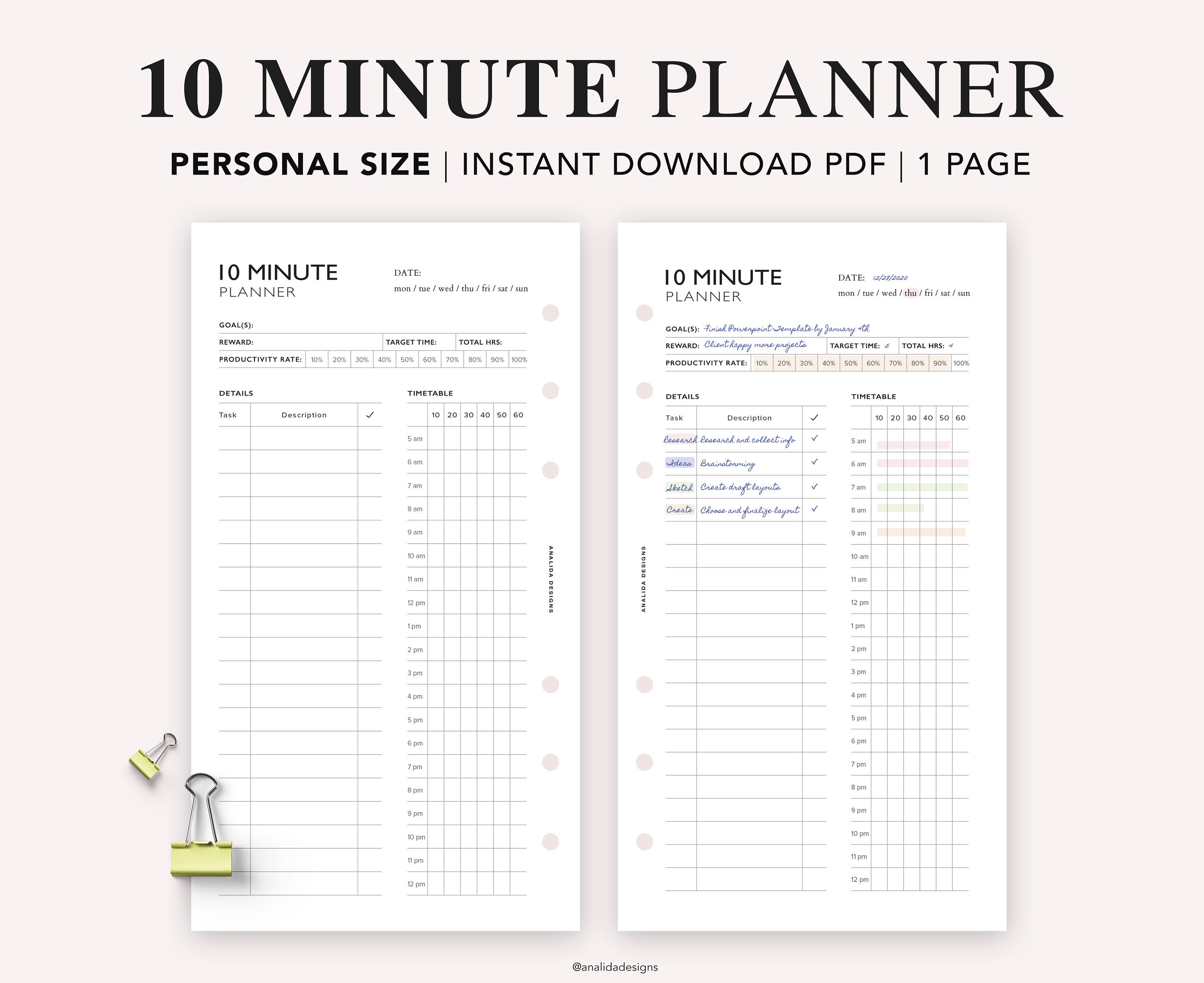 PERSONAL 10 Minute Planner Printable, Time Management Insert, Pomodoro Time Tracker, Work Planner,  Personal size insert,  Filofax Personal
