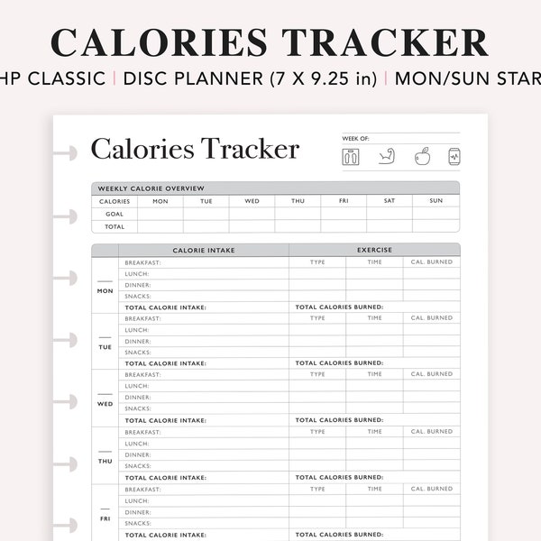 Calorie Tracker, Happy Planner Insert, Printable Calories Journal, Daily Weekly Calorie Counter, Diet Planner, Diet Plan, HP Classic Refill