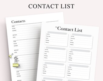 Printable Contact List: Address Book, Emergency Information (PDF Download)