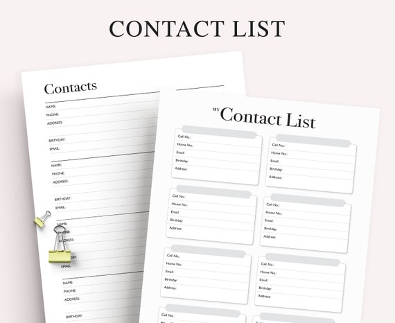 Contact List Printable Contacts Emergency Contact | Etsy