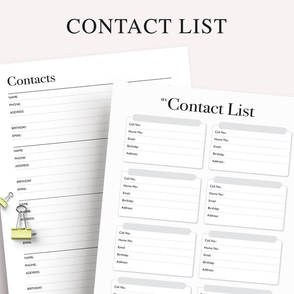 Contact List, Printable Contacts, Emergency Contact Information Tracker Template, Address Book, A5 Planner Inserts, PDF Instant Download