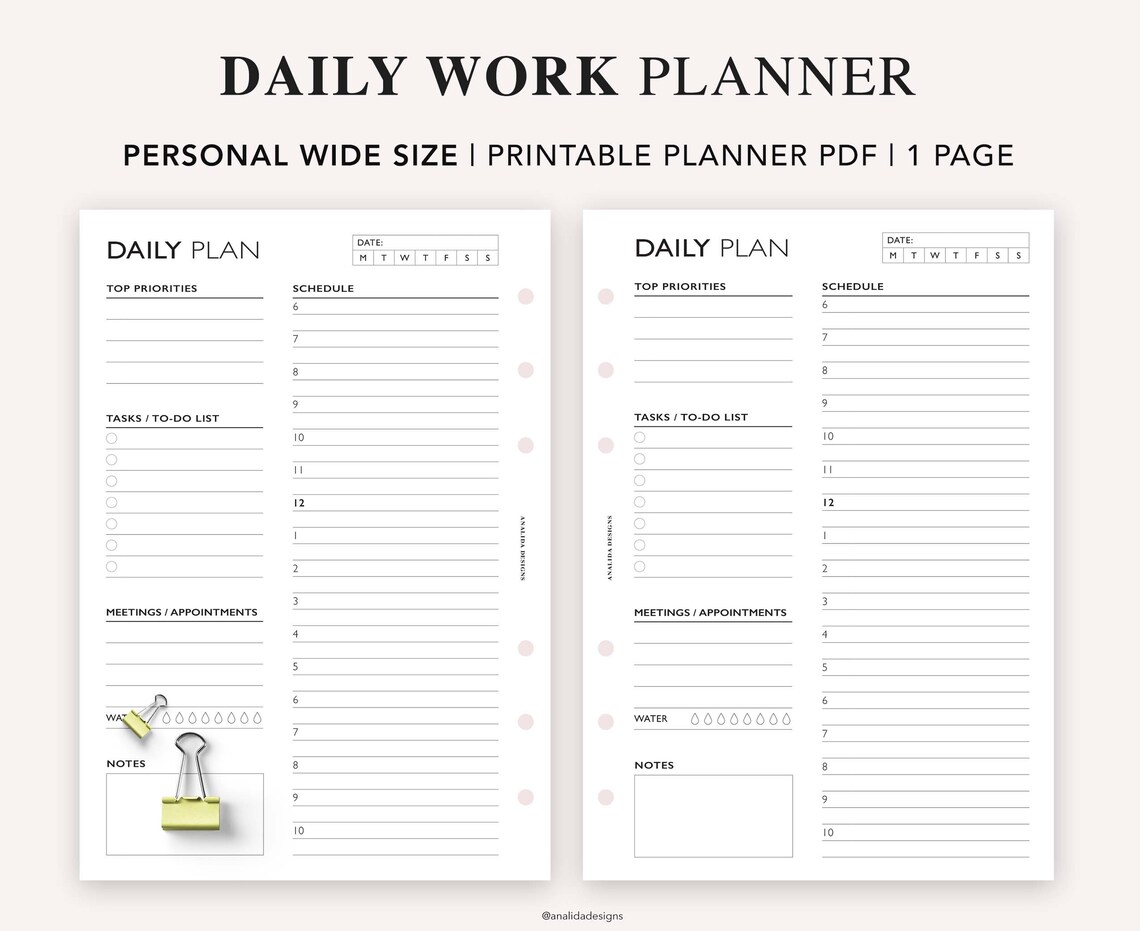 PERSONAL WIDE Daily Planner Printable Hourly Planner Work - Etsy