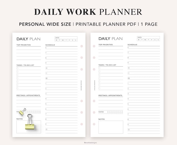 PERSONAL WIDE Daily Planner Printable Hourly Planner Work | Etsy
