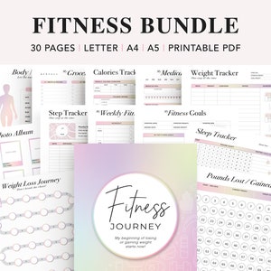 Könnte beinhalten: Ein druckbares Fitness-Paket mit 30 Seiten voller Tracker und Arbeitsblätter. Die Seiten sind in einem rosa und weißen Farbschema gestaltet und bieten eine Vielzahl von fitnessbezogenen Themen, darunter Gewichtsabnahme, Kalorienverfolgung, Schlafverfolgung und mehr. Das Paket enthält den Text "Fitness Journey" und "My beginning of losing or gaining weight starts now!"