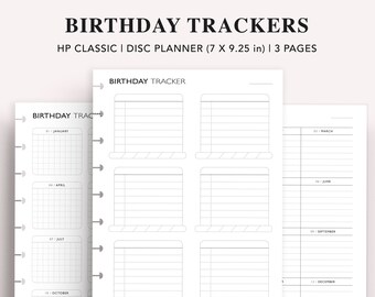 May include: A printable birthday tracker for a Happy Planner Classic disc planner. The tracker is divided into 12 months, with each month having a separate page. The pages are designed to be printed on 7 x 9.25 inch paper.
