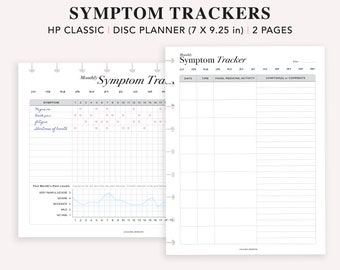 May include: A printable symptom tracker for a disc planner. The tracker includes a monthly symptom log with a grid for marking symptoms and a graph for tracking pain levels. The tracker also includes a daily log for recording symptoms, time, food, medicine, activity, and comments.