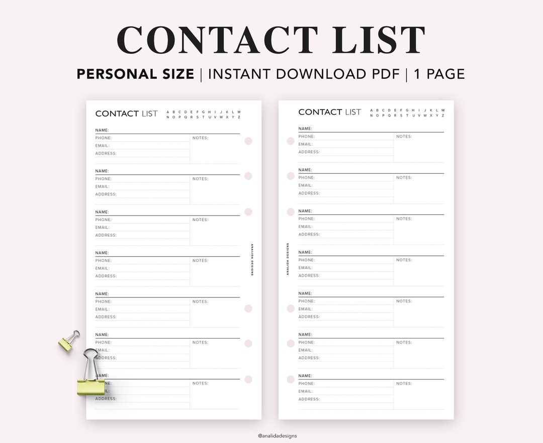 PERSONAL Printable Contact List, Print at Home Planner Pages, Address Log, Address Book Page ...