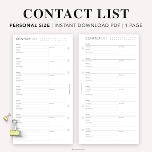 PERSONAL Printable Contact List, Print at home planner pages, Address Log, Address Book Page, Emergency contact, Personal size insert