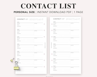 PERSONAL Printable Contact List, Print at home planner pages, Address Log, Address Book Page, Emergency contact, Personal size insert