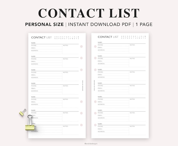 PERSONAL Printable Contact List Print at Home Planner Pages - Etsy