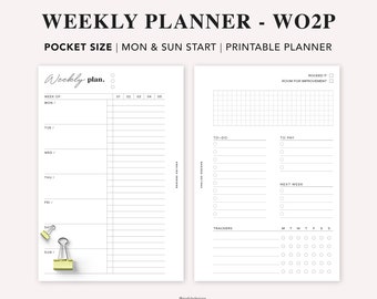 Puede incluir: Un planificador semanal imprimible con una sección cuadriculada para notas, una lista de tareas pendientes, una lista de pagos y una sección de seguimiento. El planificador está diseñado para un tamaño de bolsillo y tiene una sección de plan semanal con espacio para cada día de la semana.