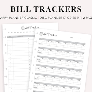 Puede incluir: Dos páginas de un rastreador de facturas para un planificador de discos Happy Planner Classic. Las páginas están diseñadas para rastrear facturas, fechas de vencimiento y cantidades pagadas. Las páginas miden 17,8 cm por 23,5 cm.