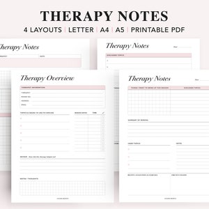 Puede incluir: Cuatro plantillas de notas de terapia imprimibles en diferentes diseños. Las plantillas incluyen secciones para la información del terapeuta, los temas a tratar, las fechas de las sesiones, la hora, el resumen de la sesión, las notas y las tareas.