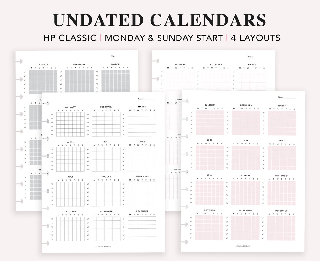 Calendar Printable Undated, Happy Planner Classic, Yearly Calendar ...