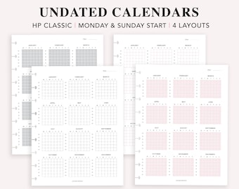 Calendar Printable Undated, Happy Planner Classic, Yearly Calendar, Annual Calendar, Yearly Overview, Minimalist Calendar, One Page Calendar
