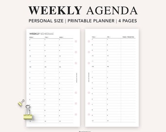 Puede incluir: Una agenda semanal imprimible con un diseño sencillo. La agenda tiene cuatro páginas e incluye un horario semanal y una sección para tareas y prioridades.