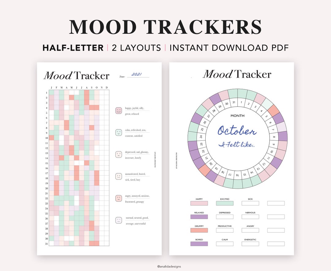 HALF LETTER Mood Tracker Printable, Yearly Monthly Mood Planner ...