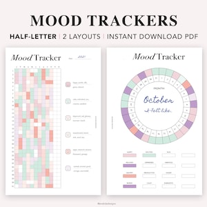 Könnte beinhalten: Zwei druckbare Stimmungs-Tracker-Designs im Format Halb-Brief. Das erste Design ist ein Raster mit 31 Quadraten für jeden Tag des Monats. Das zweite Design ist ein Kreis mit 31 Abschnitten für jeden Tag des Monats. Beide Designs haben unterschiedlich farbige Abschnitte zum Verfolgen der Stimmung.