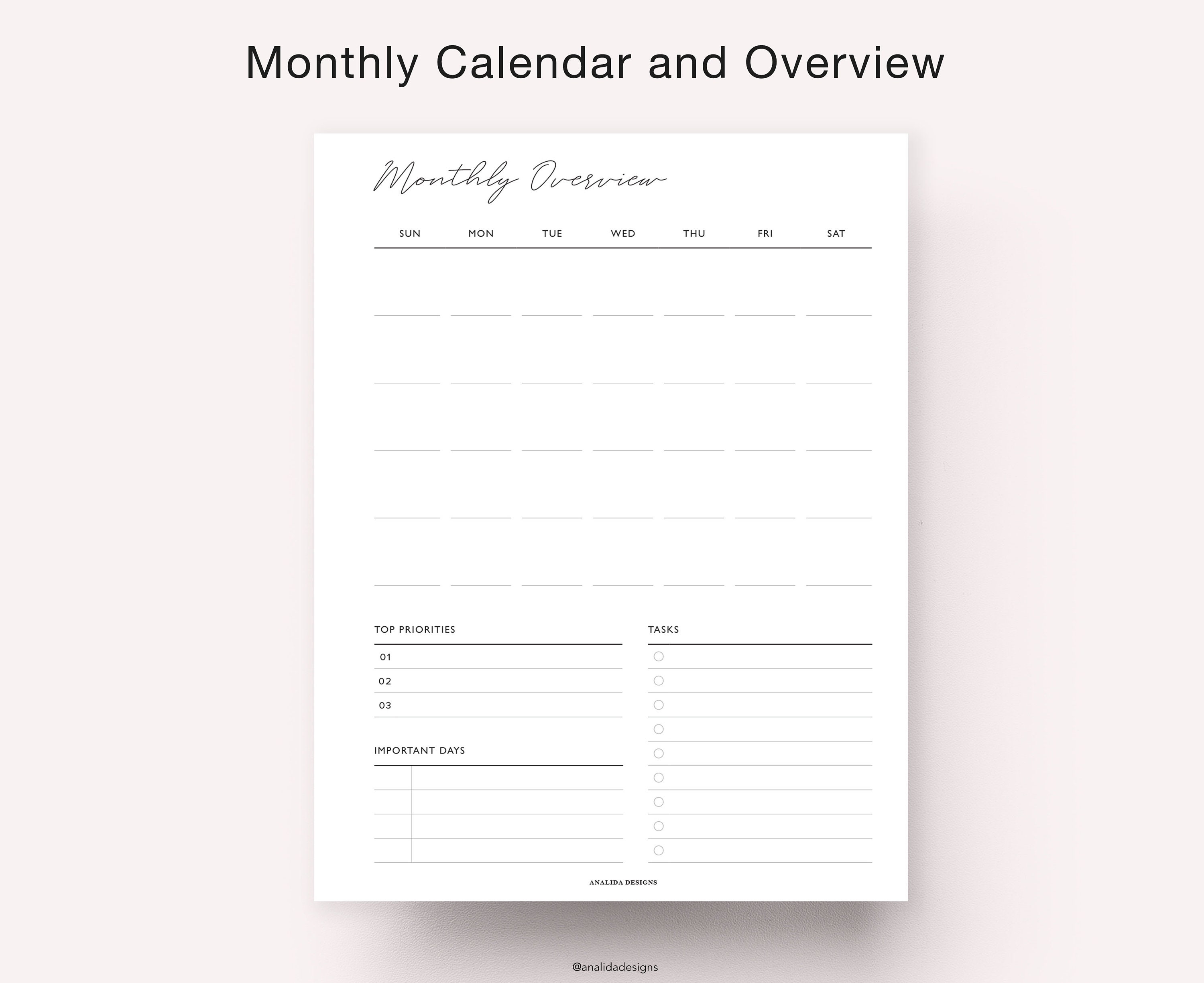 Monthly Planner Printable Monthly Overview Monthly Calendar - Etsy UK