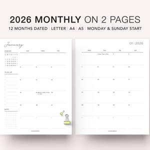 May include: A minimalist, two-page 2026 monthly planner with a white background. The left page features a calendar overview, a to-do list, and space for notes. The right page displays the monthly calendar. Text includes "2026 Monthly on 2 Pages" and "12 Months Dated".