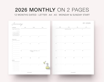 2026 Monthly Calendar Printable Planner Inserts: MO2P, A5/A4/Letter (PDF Download