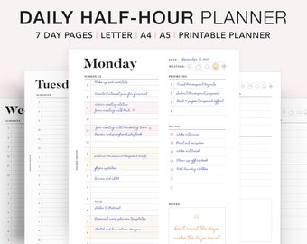 7 Day Planner Printable, Daily Half Hour Planner, Undated Daily Schedule, To-Do List, PDF Download Digital Planner A5 Filofax Refills